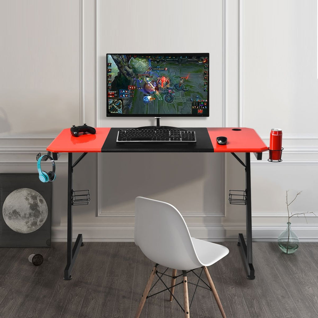 Bureau Gaming Porte-Gobelet Crochet Pour Ecouteurs Supports Audio Surface En Fibre De Carbone 120X60X76Cm Noir+Rouge