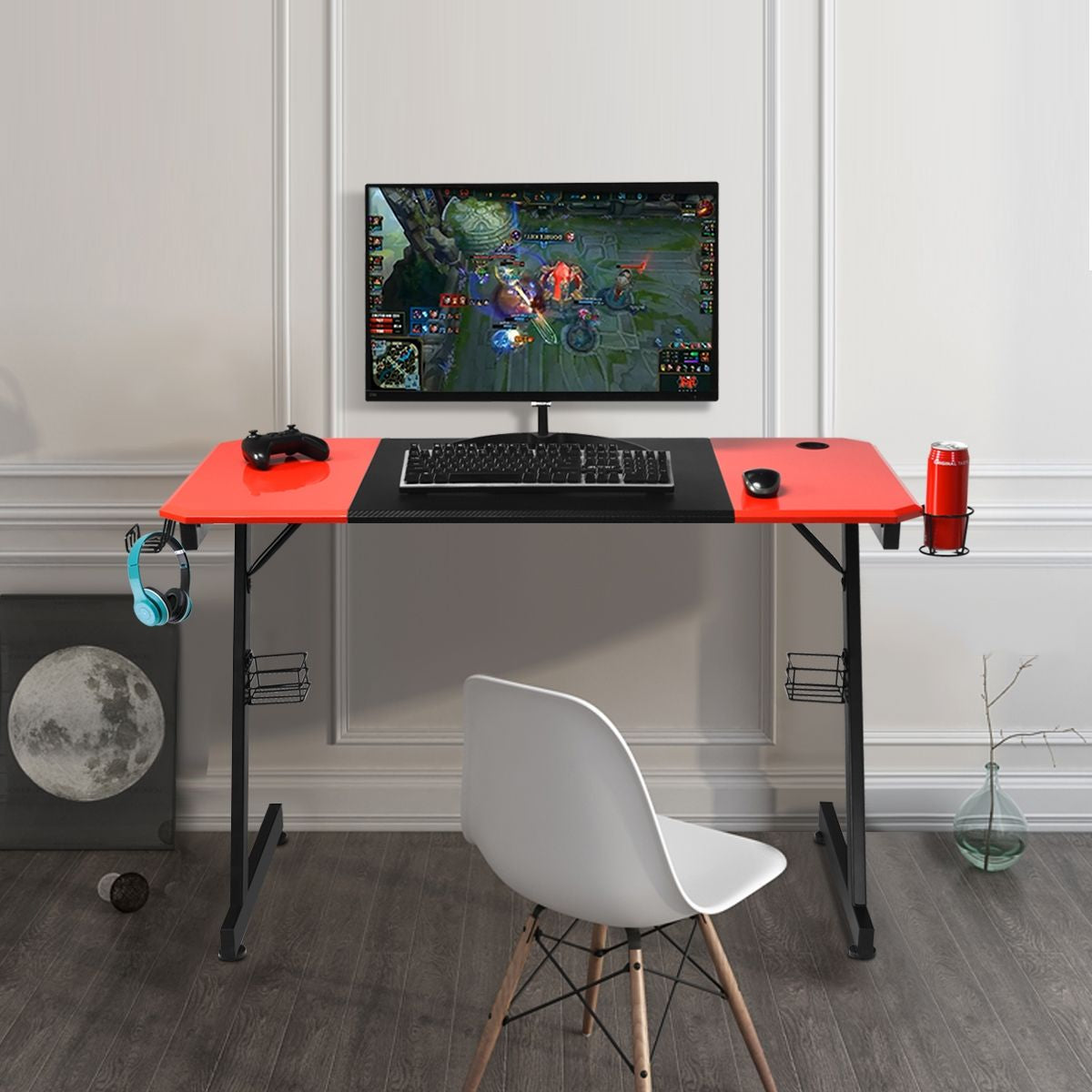 Bureau Gaming Porte-Gobelet Crochet Pour Ecouteurs Supports Audio Surface En Fibre De Carbone 120X60X76Cm Noir+Rouge
