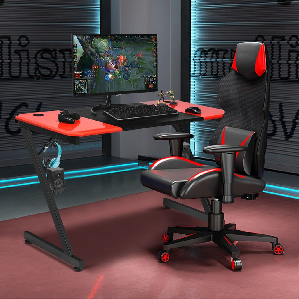 Bureau Gaming Porte-Gobelet Crochet Pour Ecouteurs Supports Audio Surface En Fibre De Carbone 120X60X76Cm Noir+Rouge