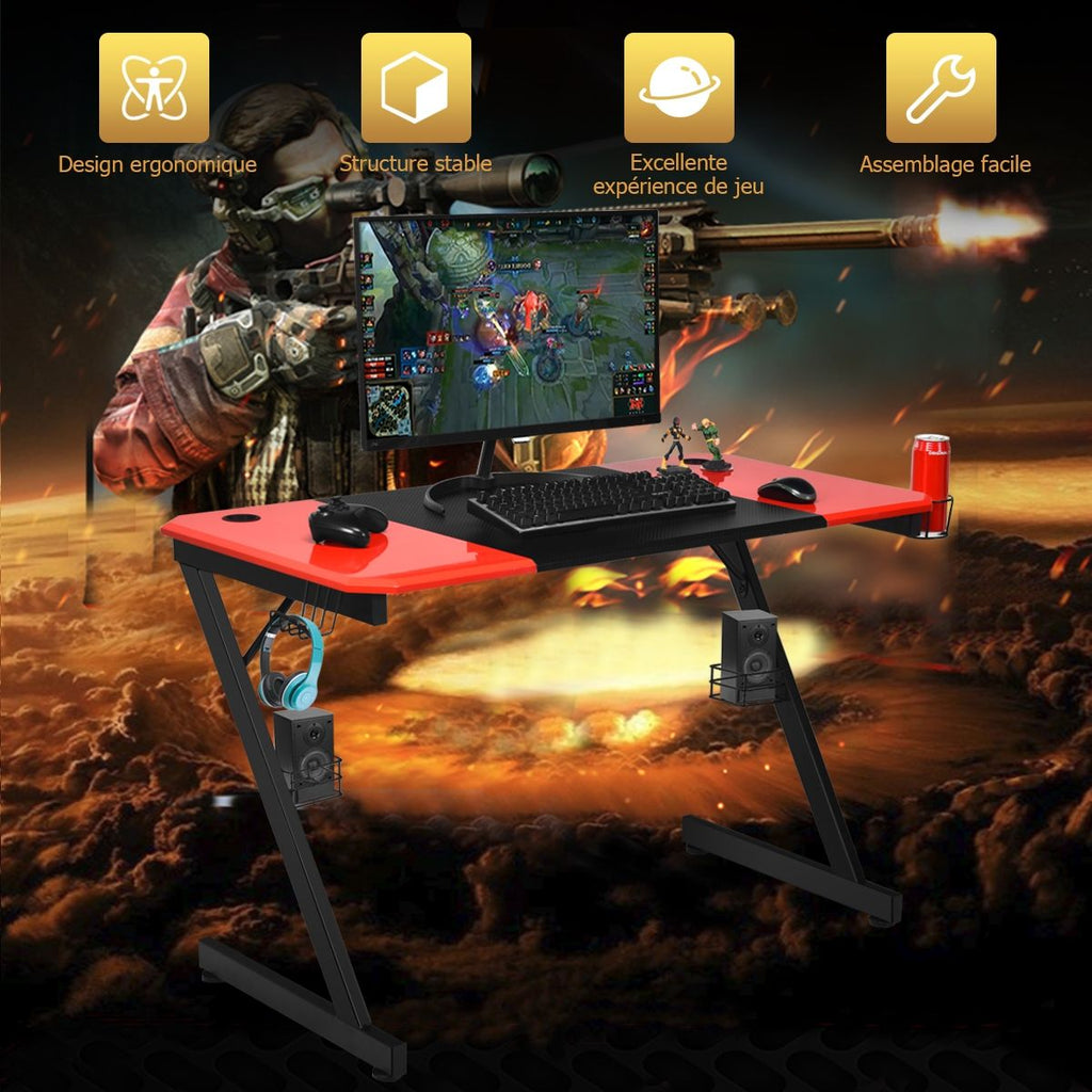 Bureau Gaming Porte-Gobelet Crochet Pour Ecouteurs Supports Audio Surface En Fibre De Carbone 120X60X76Cm Noir+Rouge