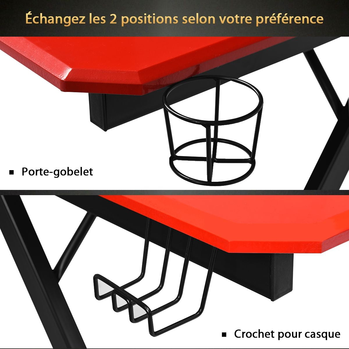 Bureau Gaming Porte-Gobelet Crochet Pour Ecouteurs Supports Audio Surface En Fibre De Carbone 120X60X76Cm Noir+Rouge