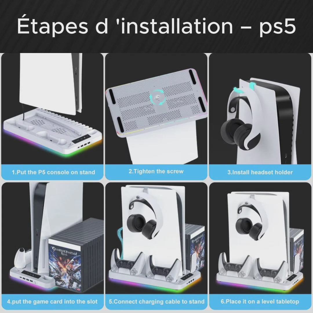 Support RGB 9-en-1 pour PS5 / PS5 Slim – Station de Refroidissement & Charge Manettes